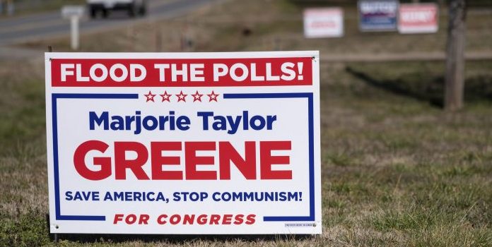 A sign for Rep. Marjorie Taylor Greene