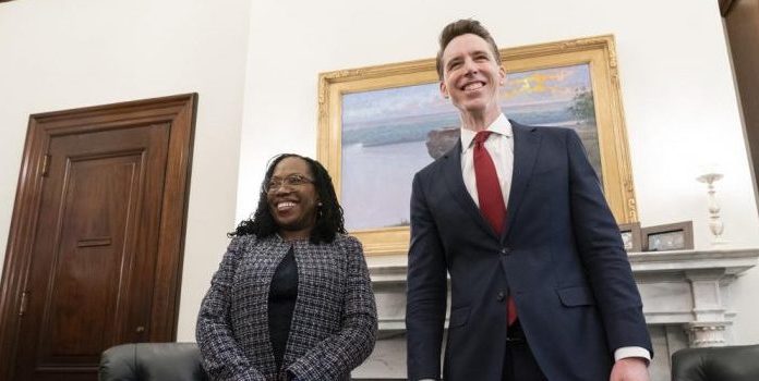 Supreme Court nominee Judge Ketanji Brown Jackson, left, and Sen. Josh Hawley, R-Mo.