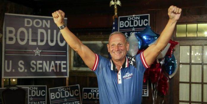 Republican U.S. Senate candidate Don Bolduc celebrates