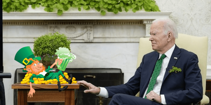 President Joe Biden consults with a drunken leprechaun.