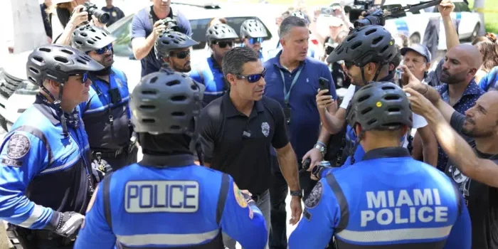 Miami Mayor Francis Suarez greets police