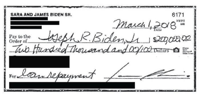 A check from James Biden to his brother, Joe, released Friday by the House Oversight Committee