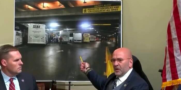 Rep. Clay Higgins points to two buses he claims were filled with FBI informants for the Jan. 6 protest-turned-riot.