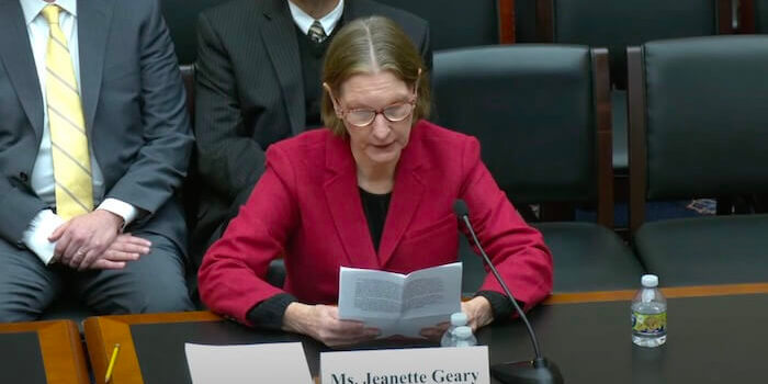 Retired nurse Jeanette Geary talks about how a union illegally withheld her dues for more than a decade. PHOTO: Screenshot from Thursday's congressional hearing