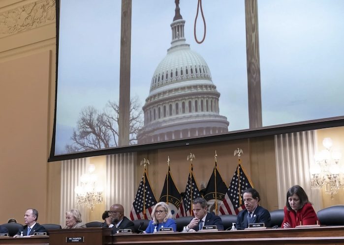 The gallows built on Jan. 6 on Capitol Hill have been used as a political prop to argue that Jan. 6 was an insurrection. But it's still unclear who built the gallows. PHOTO: AP