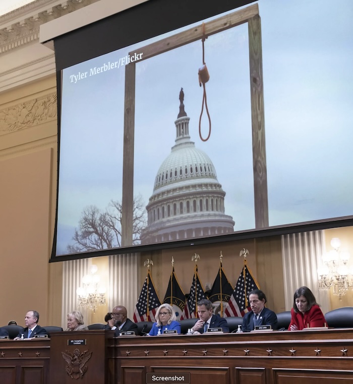 The gallows built on Jan. 6 on Capitol Hill have been used as a political prop to argue that Jan. 6 was an insurrection. But it's still unclear who built the gallows. PHOTO: AP