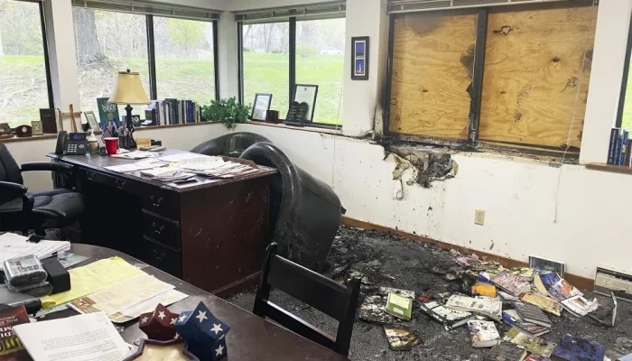 Damage is seen in the interior of Madison’s Wisconsin Family Action headquarters in Madison, Wis., May 8, 2022. Hridindu Roychowdhury, the man accused of firebombing an anti-abortion office last year has decided to plead guilty to a federal charge of damaging property with explosives. Online court records show Roychowdhury entered the plea Monday, Nov. 20, 2023 in the Western District of Wisconsin. (Alex Shur/Wisconsin State Journal via AP, File)
