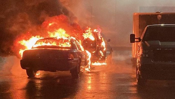 At least 15 Portland police cars were torched on May 2 in an act of terrorism claimed by an Antifa-like group. PHOTO: Portland Police
