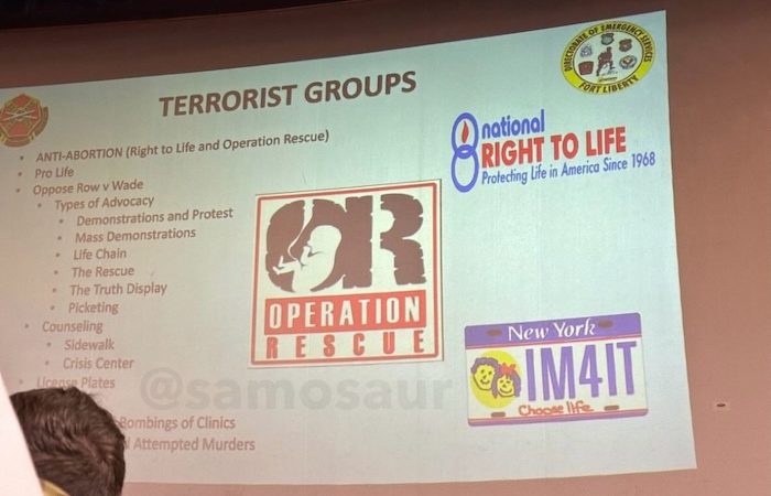 A purported slide from a Ft. Bragg presentation lists several pro-life groups as terrorism threats. PHOTO: Leaked by whistleblower