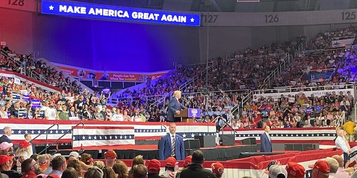 Donald Trump speaks to a capacity crowd July 24 in Charlotte, NC. PHOTO: Elias Irizarry