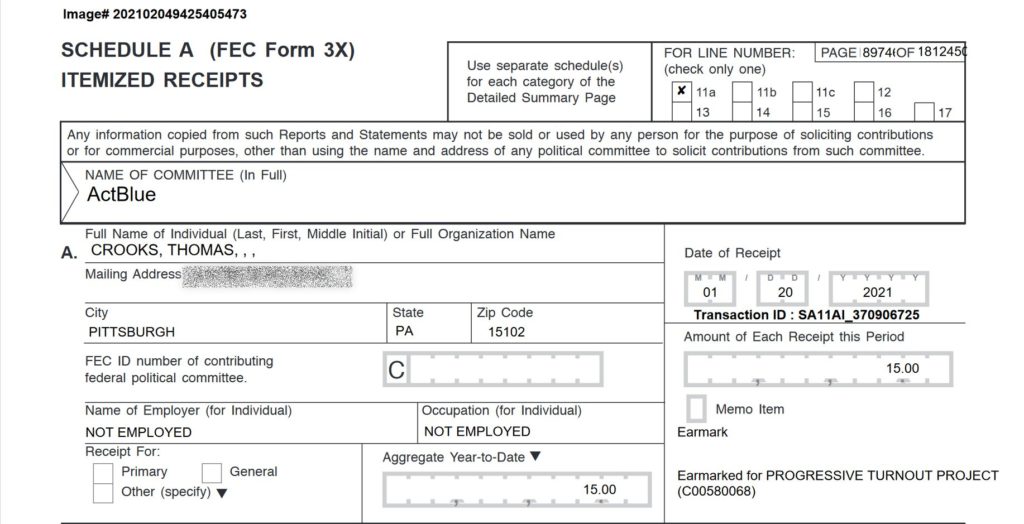 Thomas Crooks 2021 filing with the Federal Election Commission