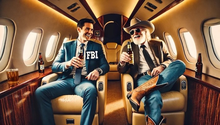 FBI agent flying on a private jet with a Texas oil billionaire. PHOTO: Joshua D Glawson via ChatGPT