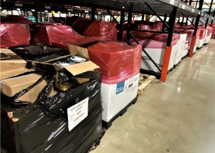 Pallets of FBI boxes containing potentially classified information were found sitting in an unsecured warehouse. PHOTO: DOJ-IG