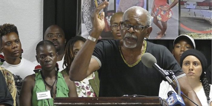 Omali Yeshitela, chairman of the International People’s Democratic Uhuru Movement, St. Petersburg, addresses the recent killings of black males, and police on July 8, 2016, in Dallas. (Scott Keeler/The Tampa Bay Times via AP, File)