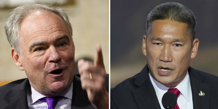 left, Sen. Tim Kaine, right Hung Cao