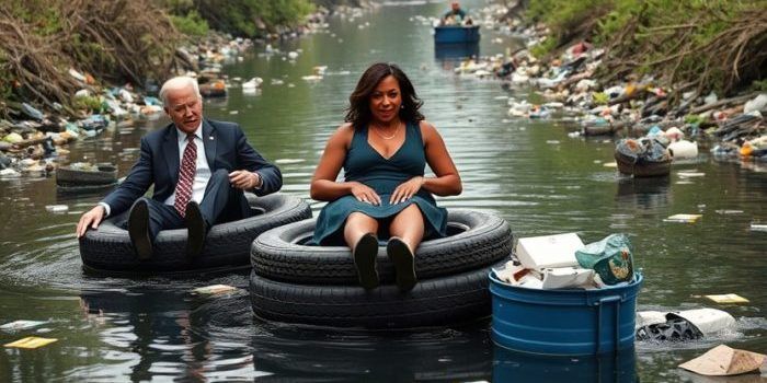 Joe Biden and Kamala Harris in a river of garbage