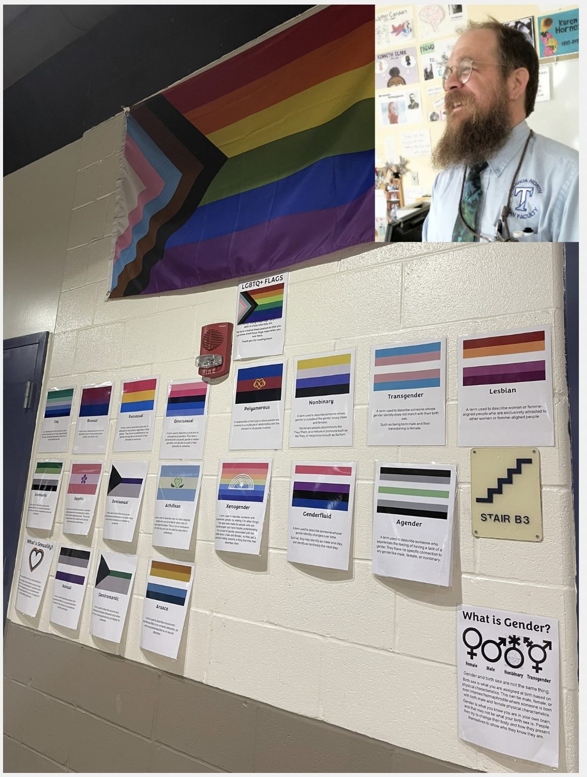 A public school teacher displays a group of pride flags representing various gender ideologies